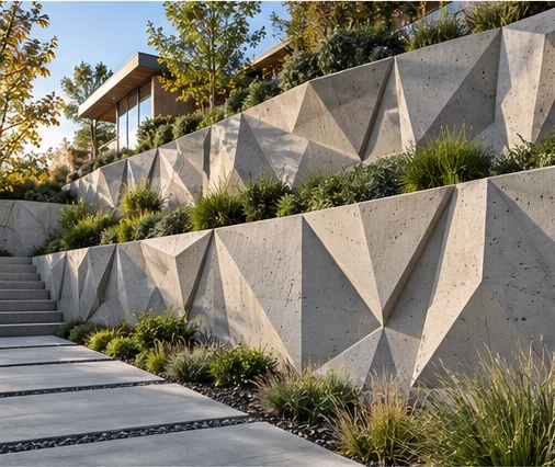 AI concept of geometric cast-concrete relief on terraced retaining walls