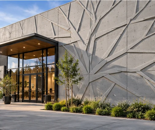 AI concept of a commercial facade with branching geometric concrete relief