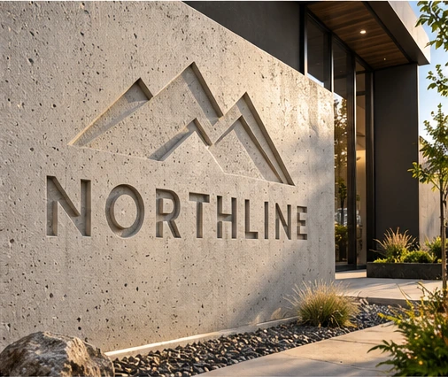 AI concept of a recessed fictional Northline logo and lettering cast into concrete