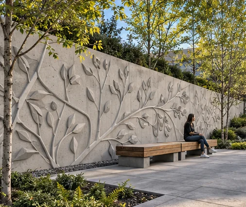 AI concept of botanical sculptural concrete relief beside a public bench