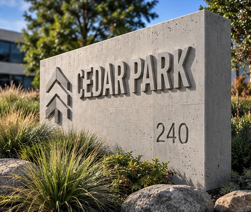 AI concept of a fictional Cedar Park concrete monument sign with raised lettering