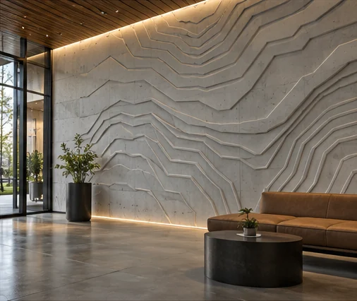 AI concept of a commercial lobby with topographic concrete wall relief
