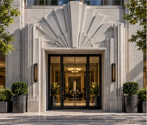 AI concept of an Art Deco concrete entrance with stepped sunburst relief