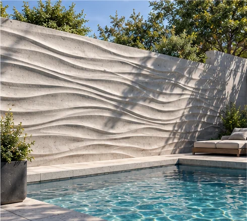 AI concept of a flowing wave-pattern concrete wall beside a pool