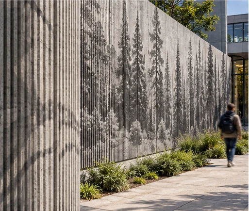 AI concept of a forest image expressed through variable-depth vertical concrete ribs