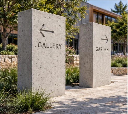 AI concept of concrete wayfinding pylons with recessed Gallery and Garden directions