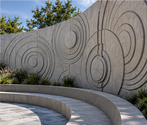AI concept of a curved concrete courtyard wall with concentric circular relief